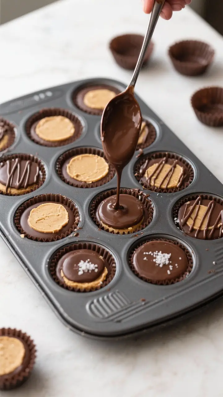 Cooking process: Overhead shot of a lined 12-cup muffin tin during assembly—bottom chocolate layer