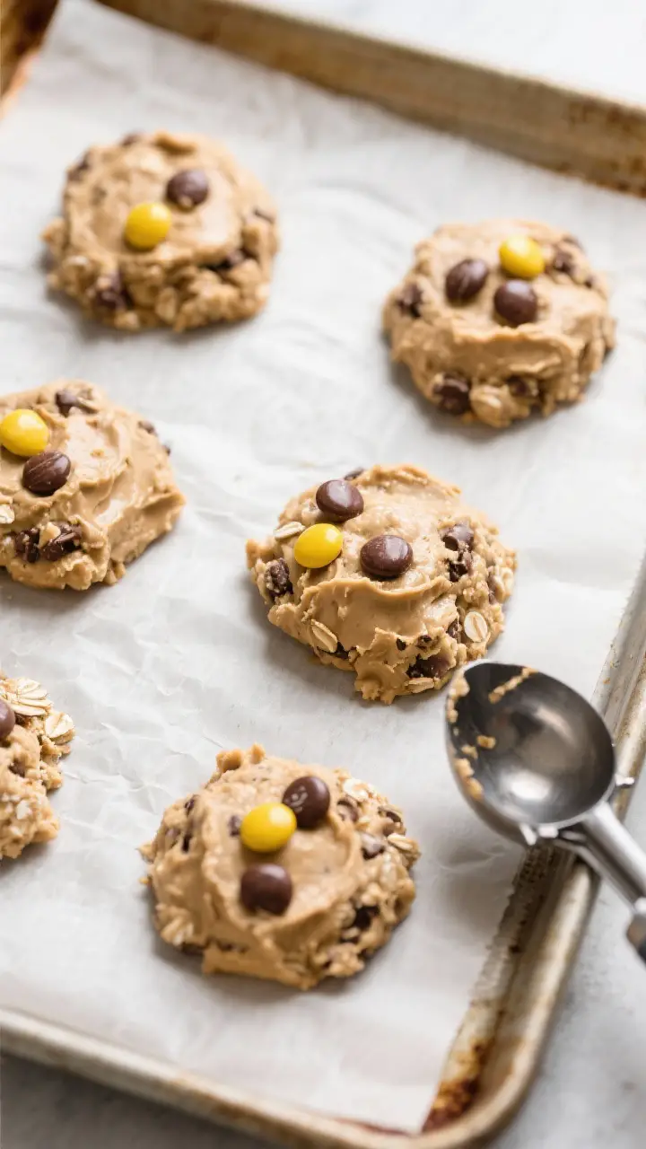 Cooking process: Overhead shot of a parchment-lined baking sheet with generously scooped dough mound