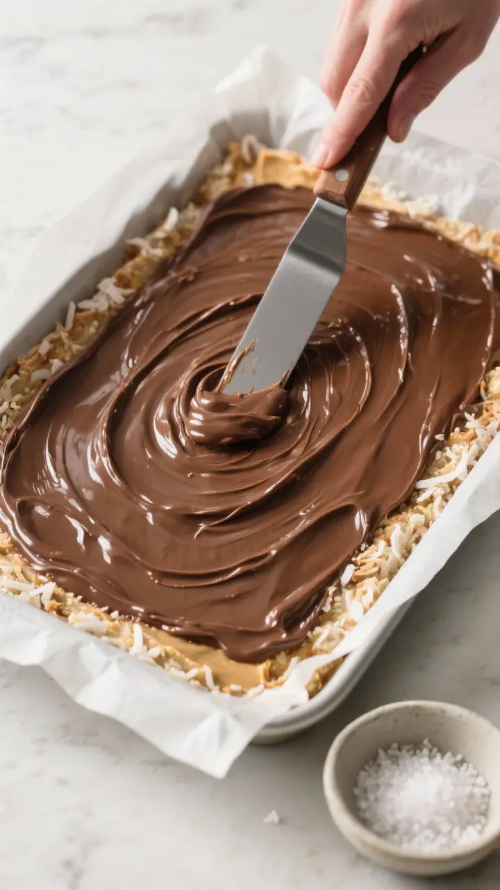 Cooking process: Overhead shot of a parchment-lined 9x13 pan with the freshly spread, smooth chocola