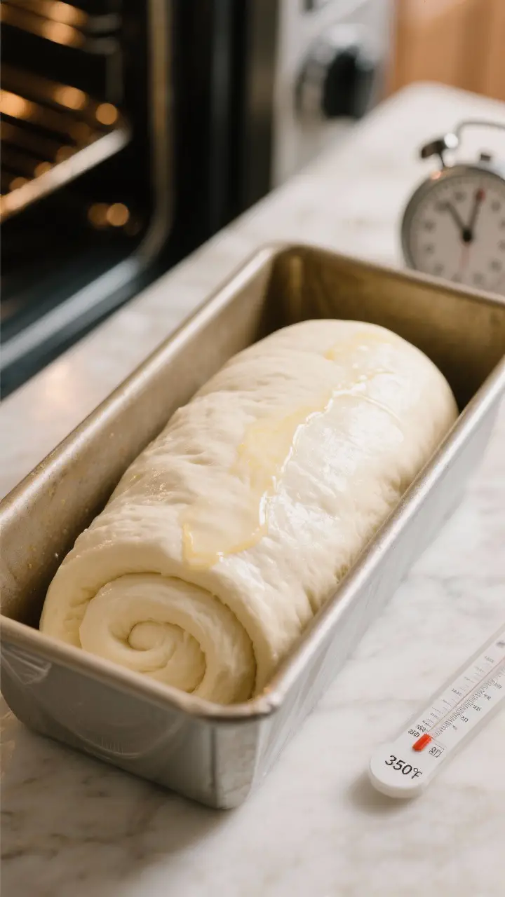 Cooking process: Overhead shot of a perfectly shaped, tightly rolled white bread dough in a greased 