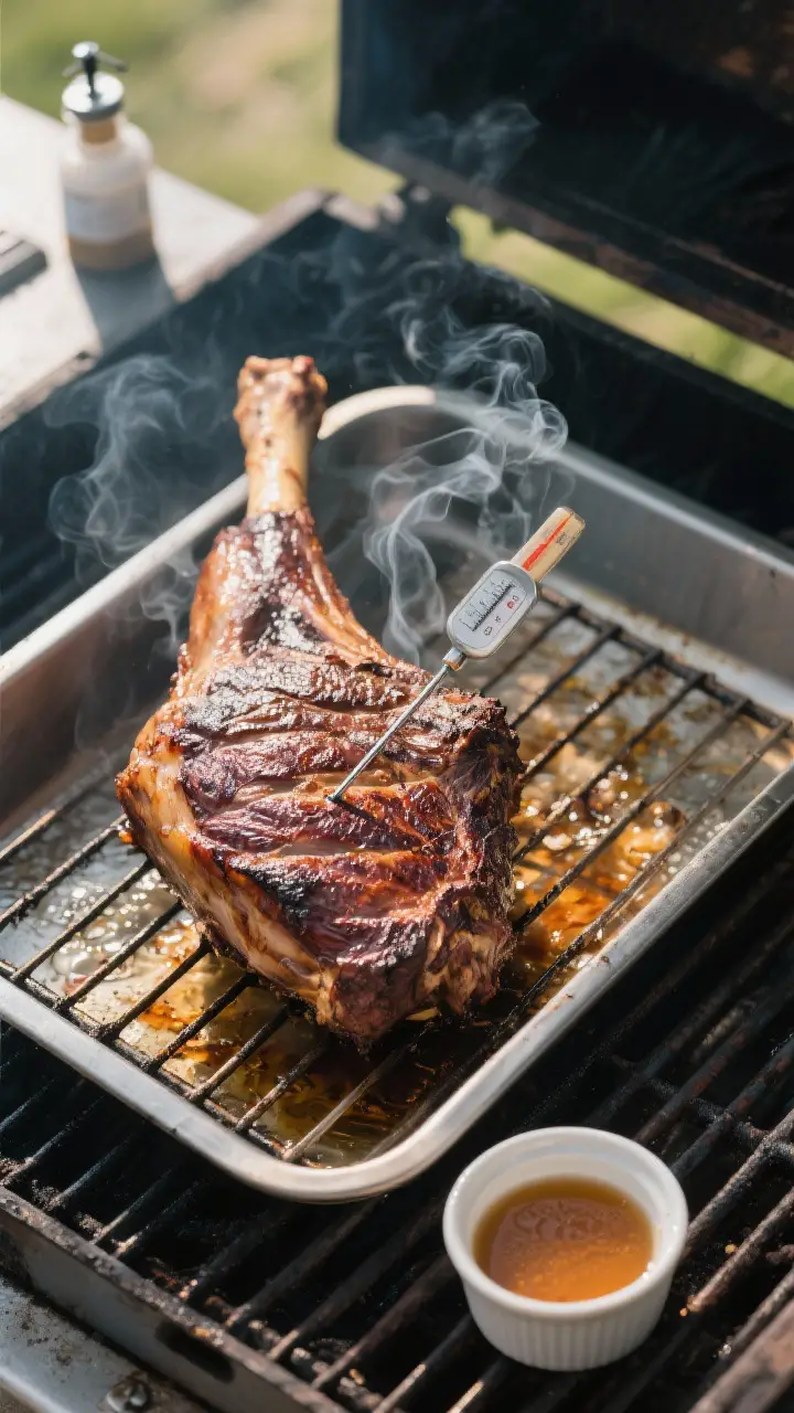 Cooking process: Overhead shot of a whole smoked leg of lamb on a smoker grate, fat-side up, showing