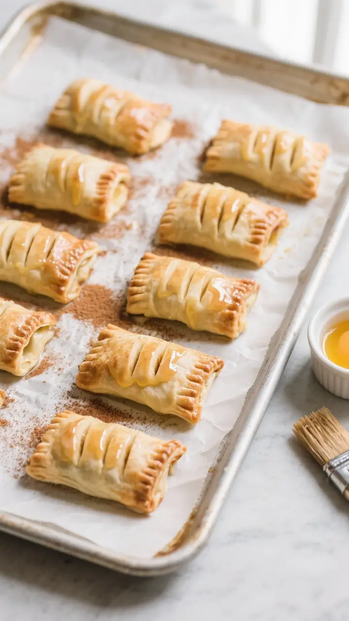 Cooking process: Overhead shot of assembled Apple Wrap-ups on a parchment-lined baking sheet right b
