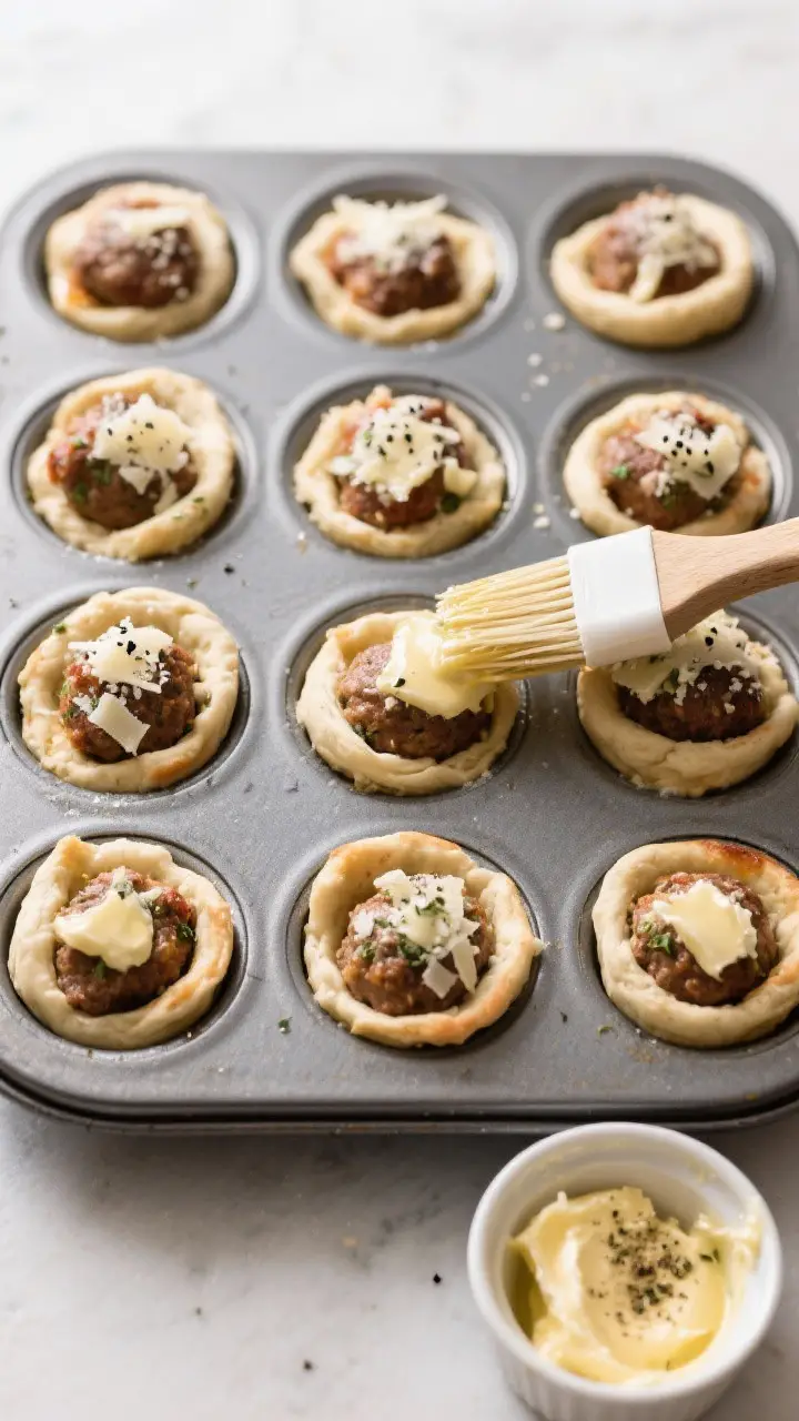 Cooking process: Overhead shot of assembled Meatball Sub Bites in a 12-cup muffin tin right before b