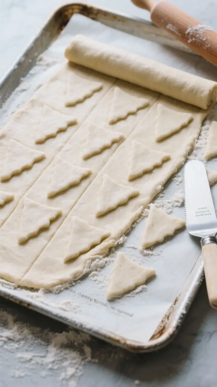 Cooking process: Overhead shot of chilled dough rolled to exactly 1/4 inch with visible rolling pin 