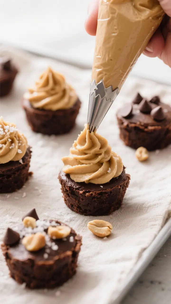 Cooking process: Overhead shot of cooled brownie bites being finished with a piping bag fitted with 