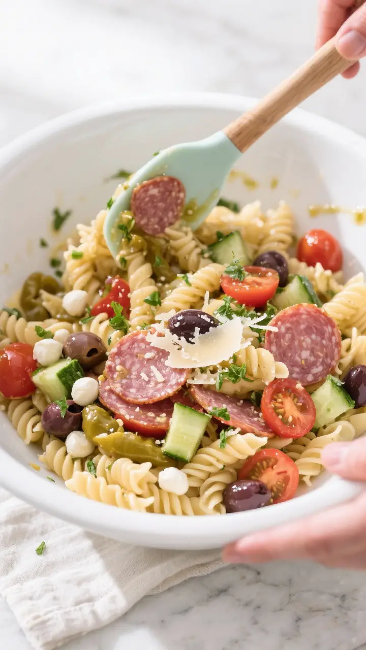 Cooking process: Overhead shot of cooled, rinsed pasta and prepared mix-ins being combined in a larg