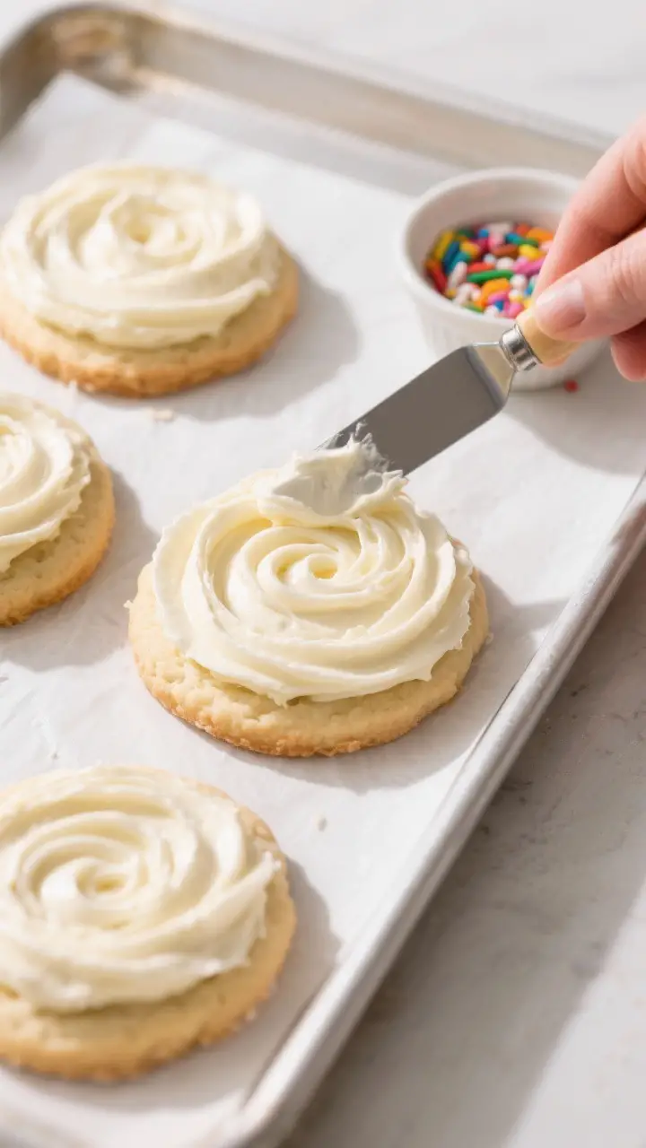 Cooking process: Overhead shot of cooled sugar cookies being frosted with a small offset spatula, th