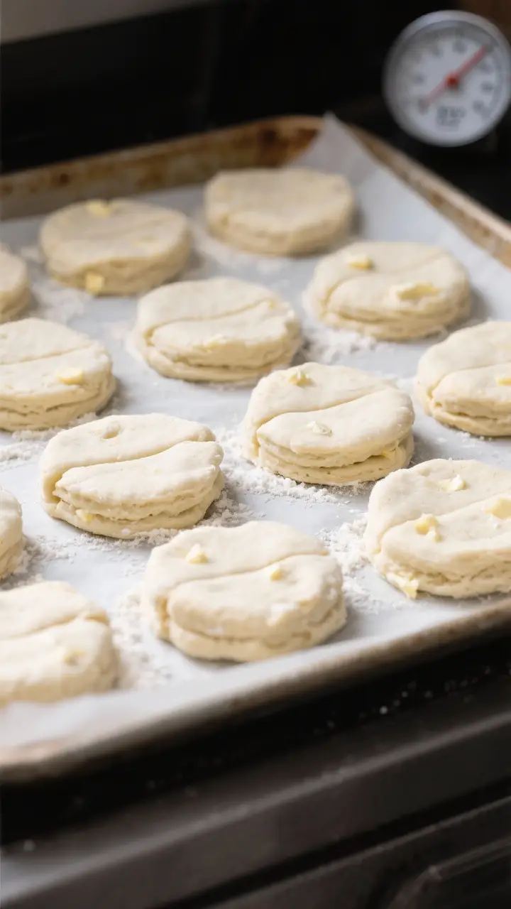 Cooking process: Overhead shot of cut, chilled biscuit rounds arranged snugly on a parchment-lined b