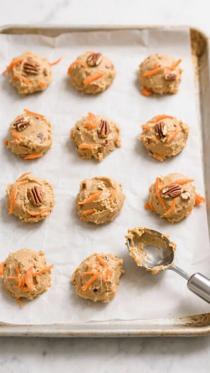 Cooking process: Overhead shot of evenly scooped mounds of thick, scoopable carrot cake batter on a 