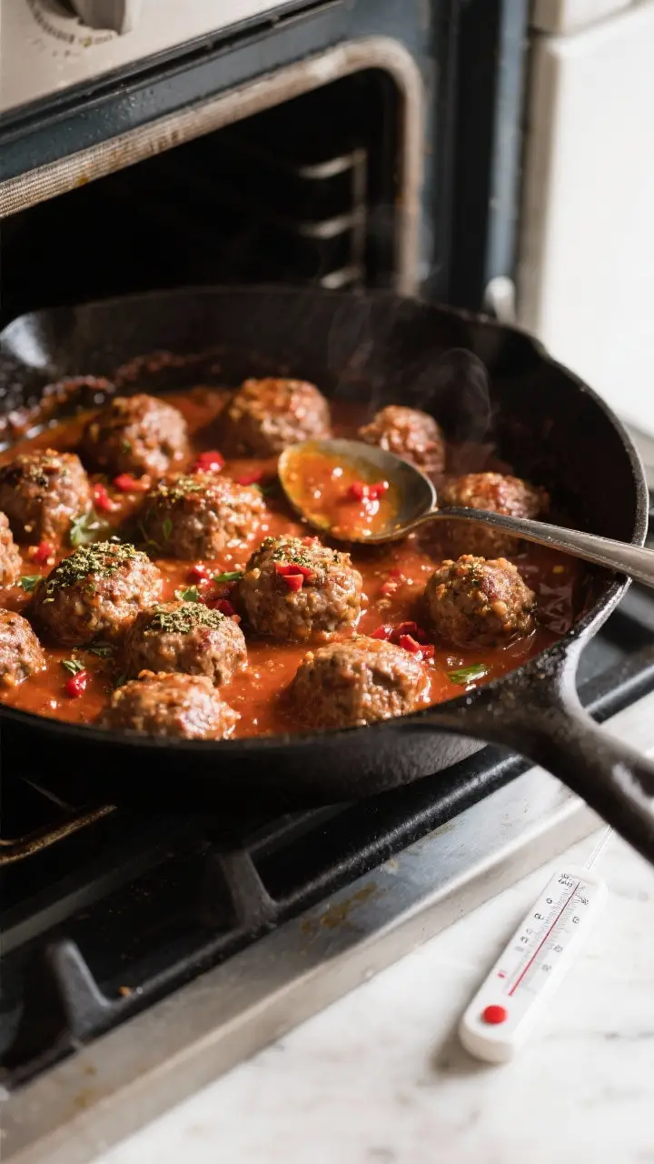 Cooking process: Overhead shot of meatballs simmering in marinara inside an oven-safe cast-iron skil