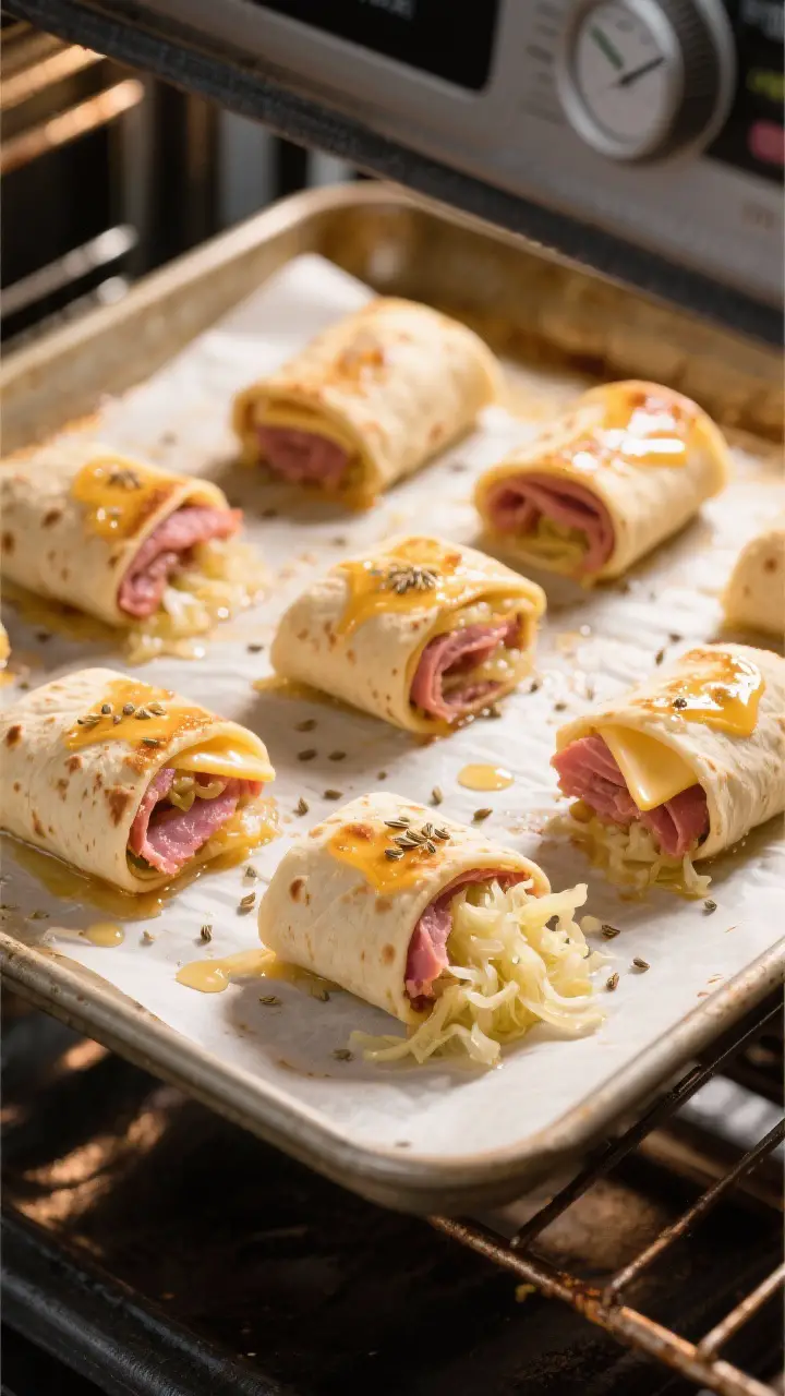 Cooking process: Overhead shot of mini tortilla Reuben roll-ups on a parchment-lined sheet pan mid-b