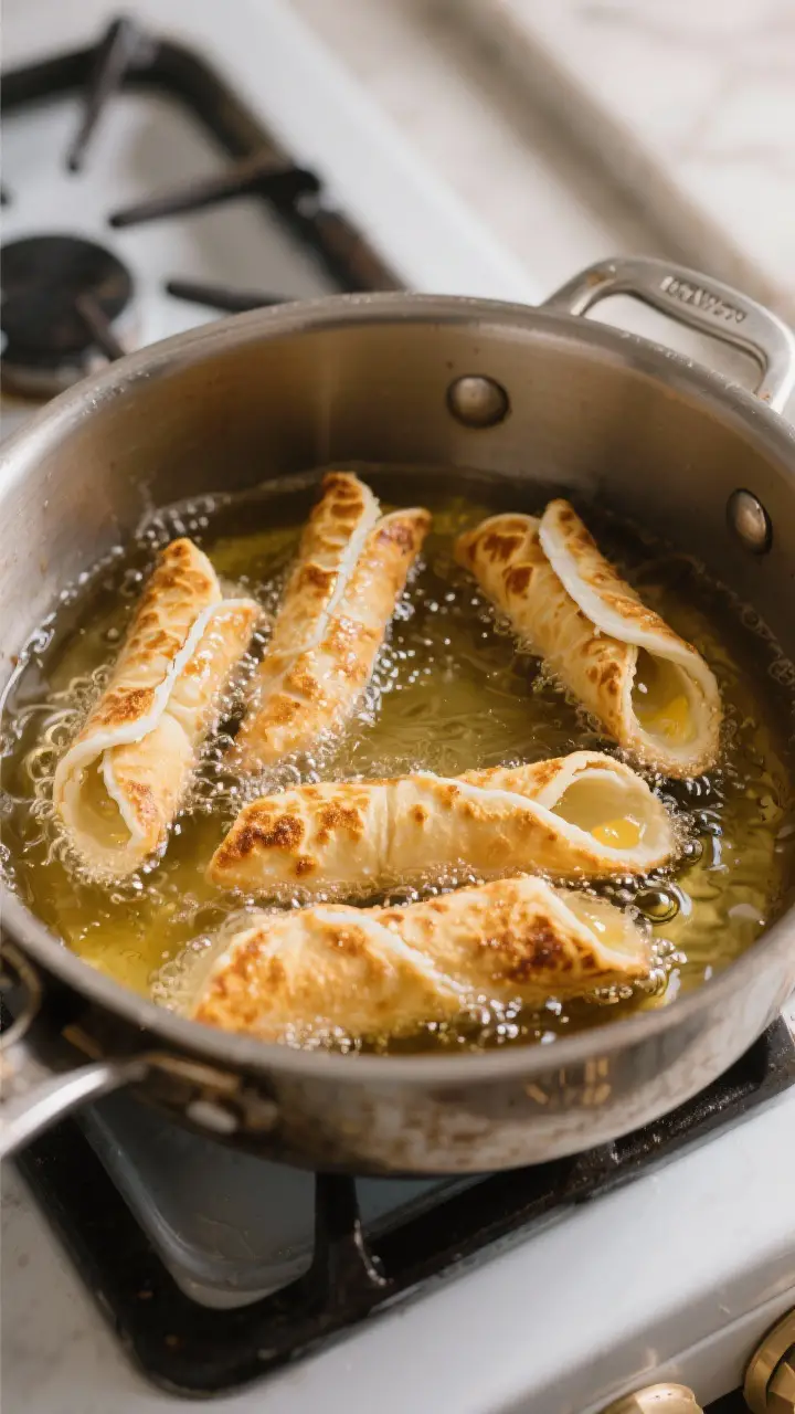 Cooking process: Overhead shot of multiple cannoli shells mid-fry in a heavy pot, 2–3 inches of ne