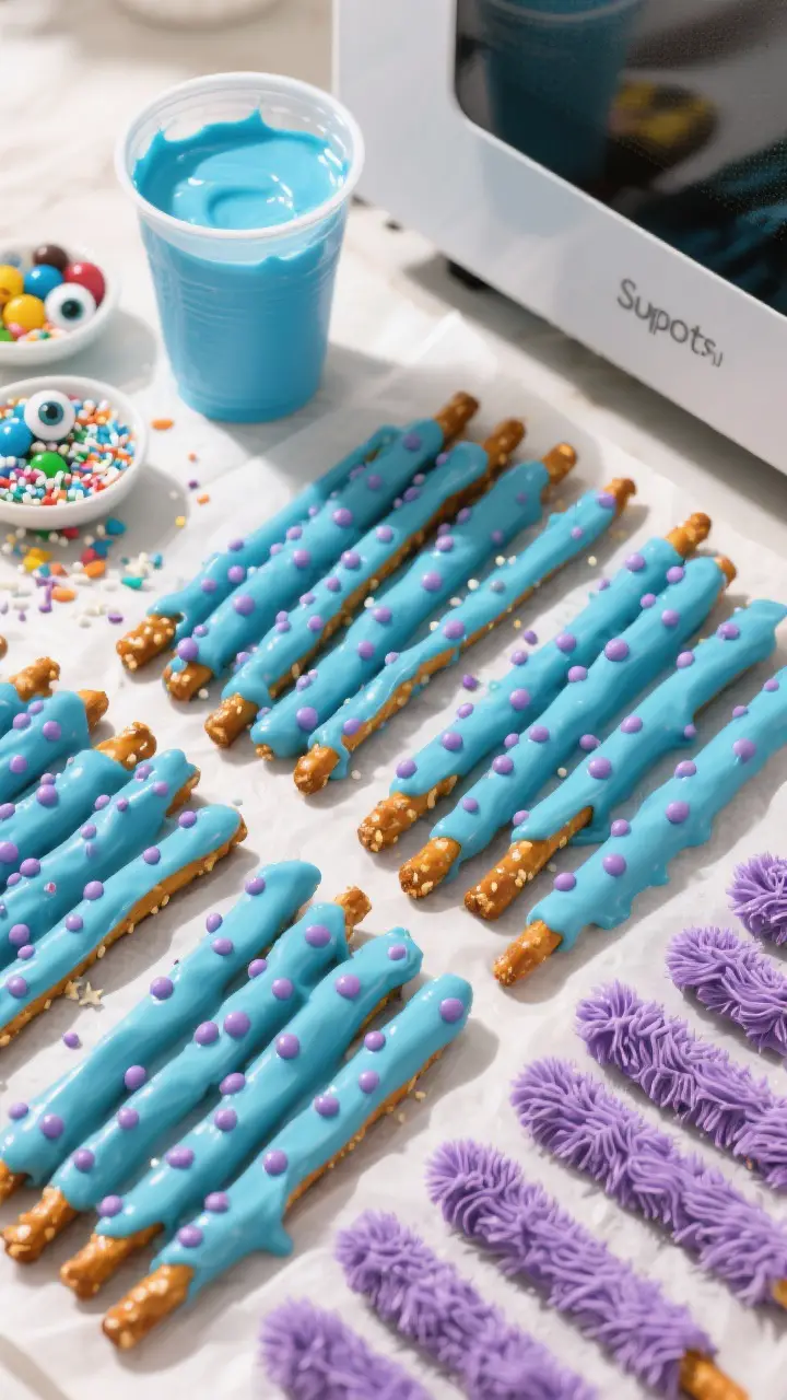 Cooking process: Overhead shot of multiple pretzel rods just dipped and setting on parchment, showca