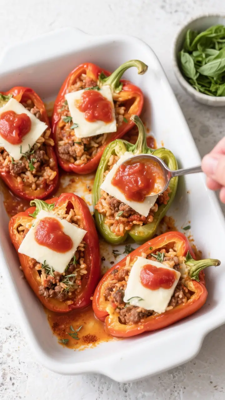 Cooking process: Overhead shot of par-cooked peppers in a baking dish, neatly filled and gently pack