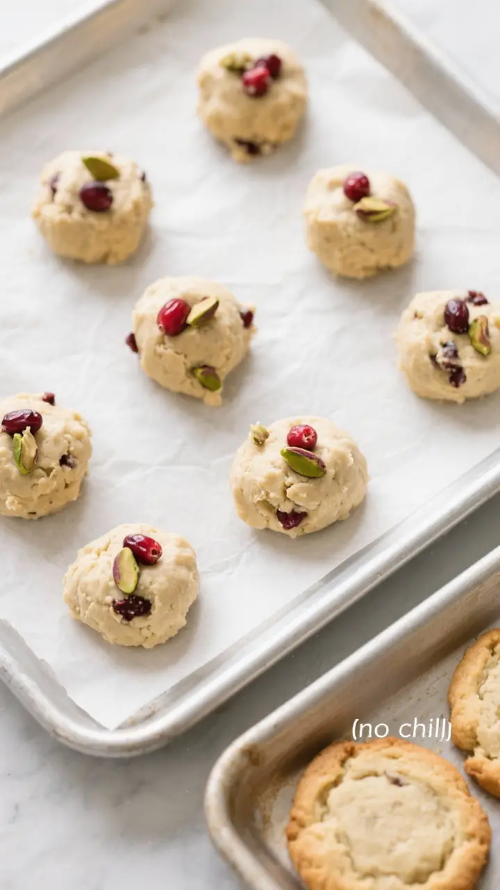 Cooking process: Overhead shot of portioned cookie dough balls on a parchment-lined baking sheet rig