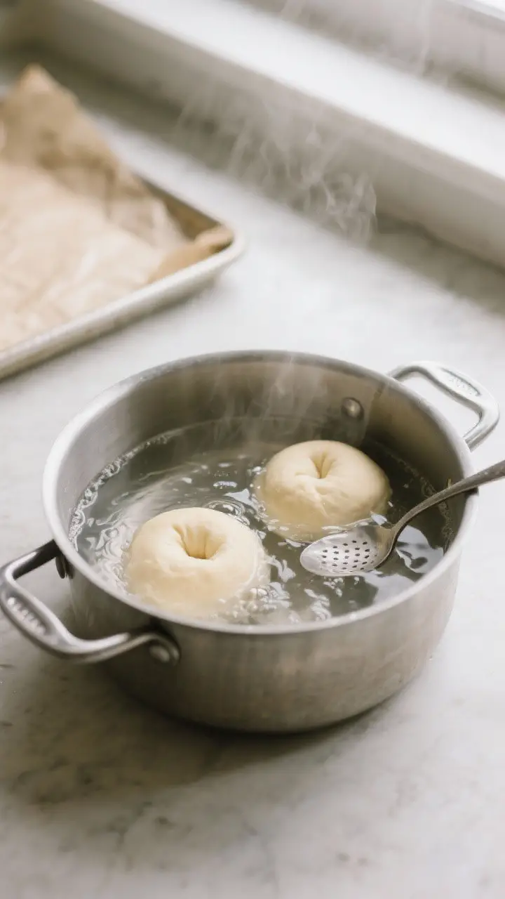 Cooking process: Overhead shot of pretzel rolls boiling in a wide stainless-steel pot of gently bubb