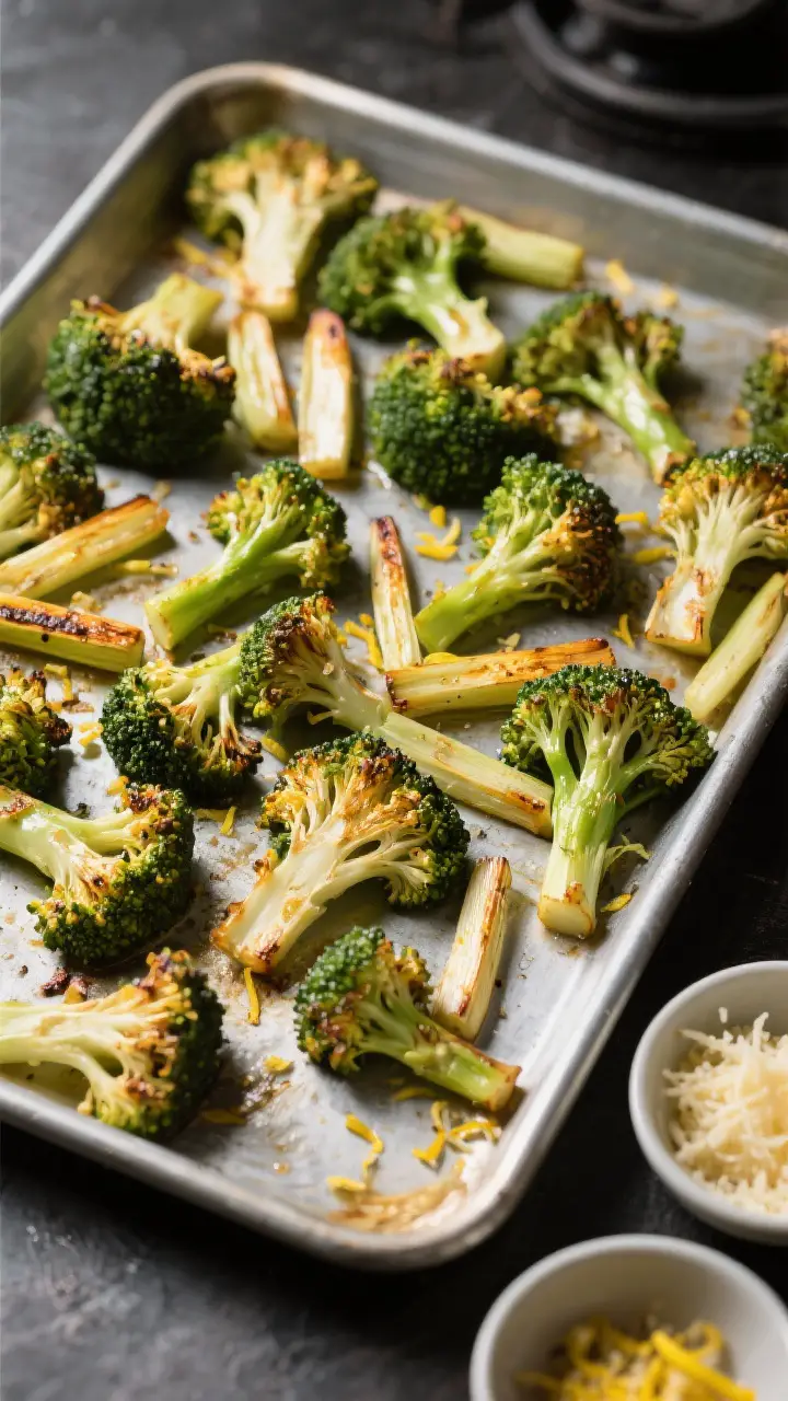 Cooking process: Overhead shot of seasoned broccoli spread in a single uncrowded layer on a hot shee