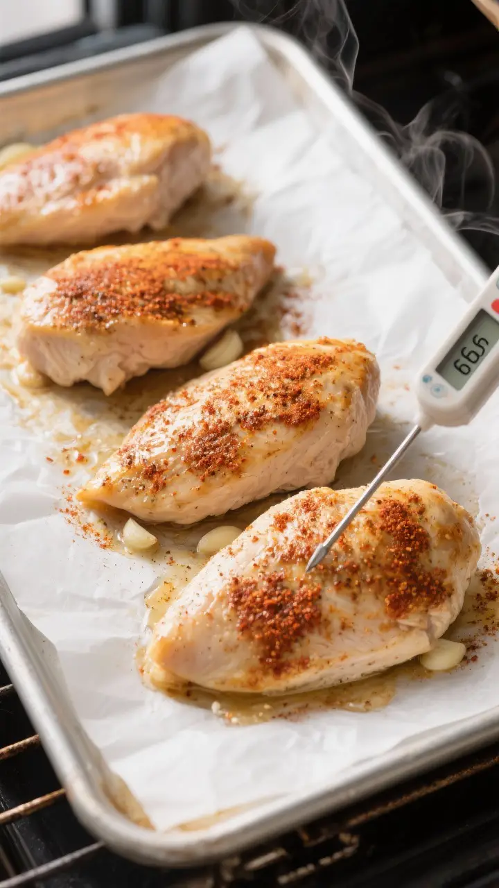 Cooking process: Overhead shot of seasoned chicken breasts roasting on a parchment-lined sheet pan a