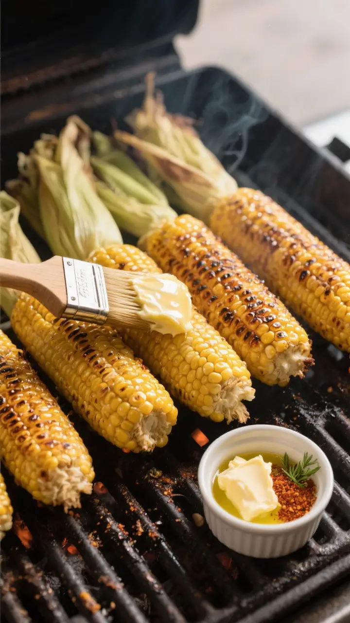 Cooking process: Overhead shot of several butter-brushed ears finishing over medium-direct heat, hus