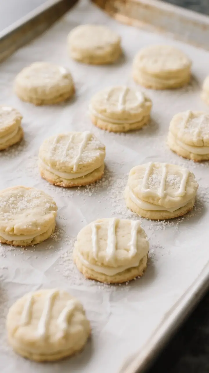 Cooking process: Overhead shot of shaped biscuit rounds on a parchment-lined baking sheet just after