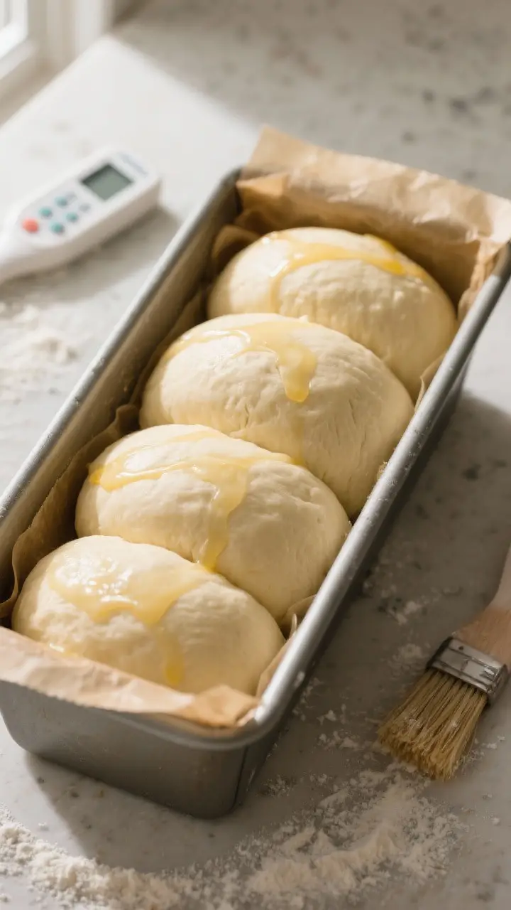 Cooking process: Overhead shot of shaped brioche dough balls nestled in a parchment-lined 9x5-inch l