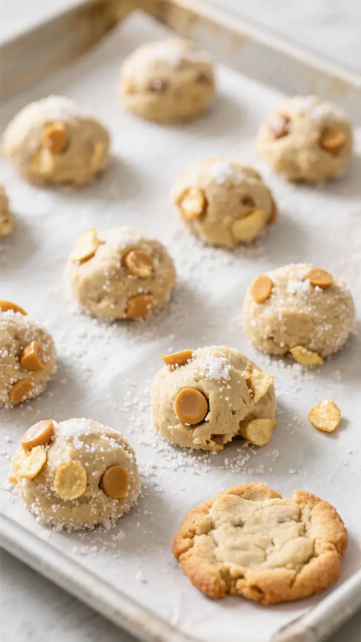 Cooking process: overhead shot of shaped cookie dough balls rolled in granulated sugar on a parchmen