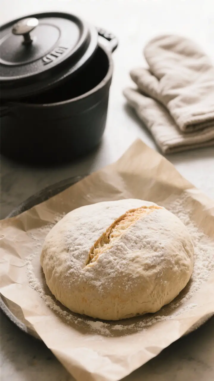 Cooking process: Overhead shot of shaped sourdough dough on parchment right before baking, clearly s