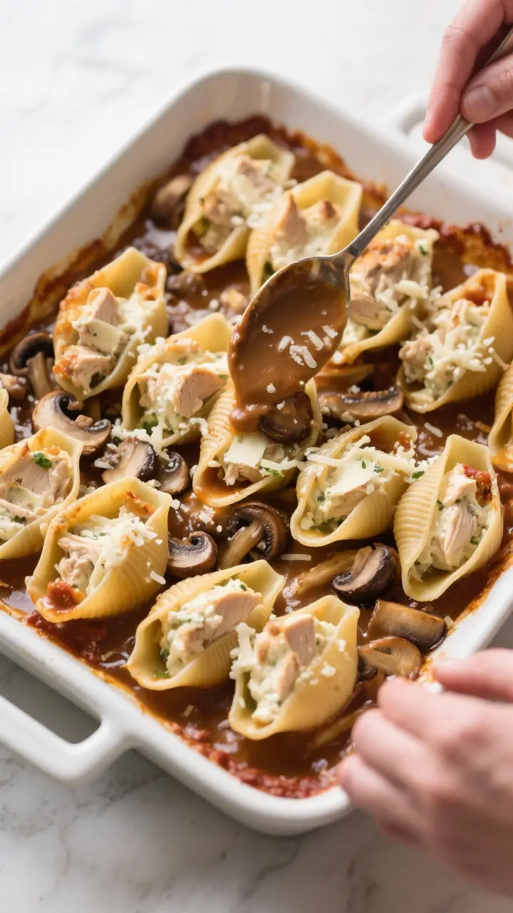 Cooking process: Overhead shot of stuffed shells being nestled into a 9x13 baking dish that’s been