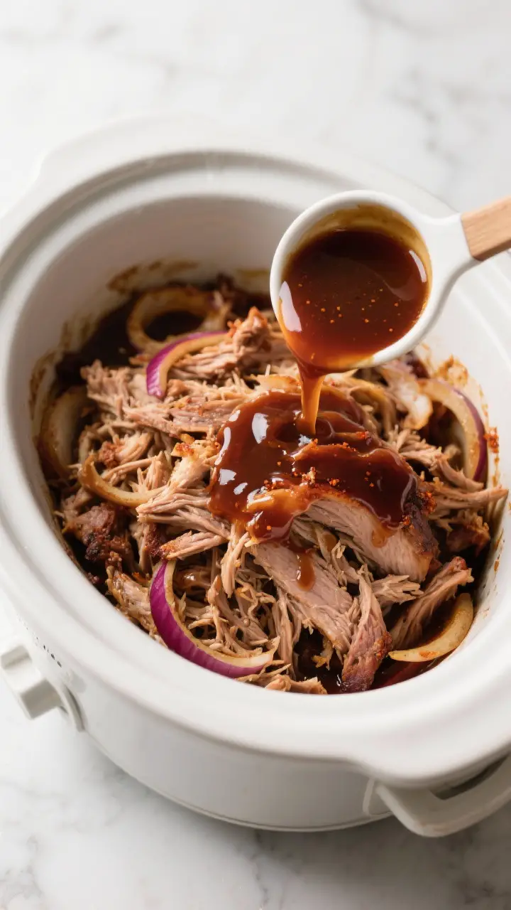 Cooking process: Overhead shot of tender pulled pork in a slow cooker after skimming fat, with 1 cup