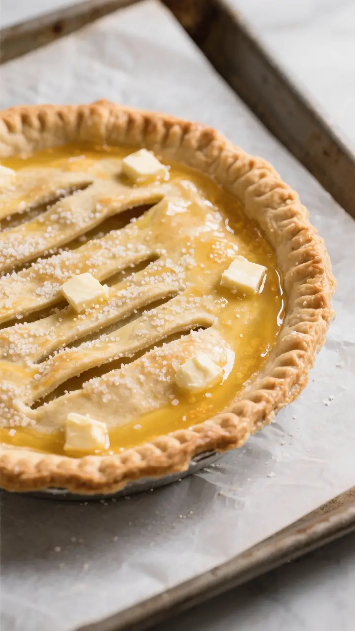 Cooking process: Overhead shot of the assembled pie just before going into the oven—top crust crim