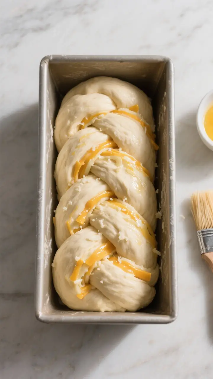 Cooking process: Overhead shot of the braided, cut-side-up dough nestled in a greased loaf pan after