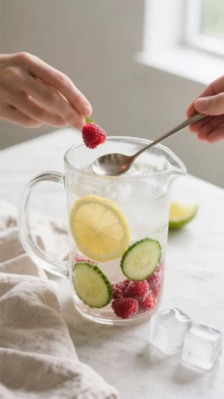 Cooking process: Overhead shot of the “build the base” step—chilled pitcher half-filled with i