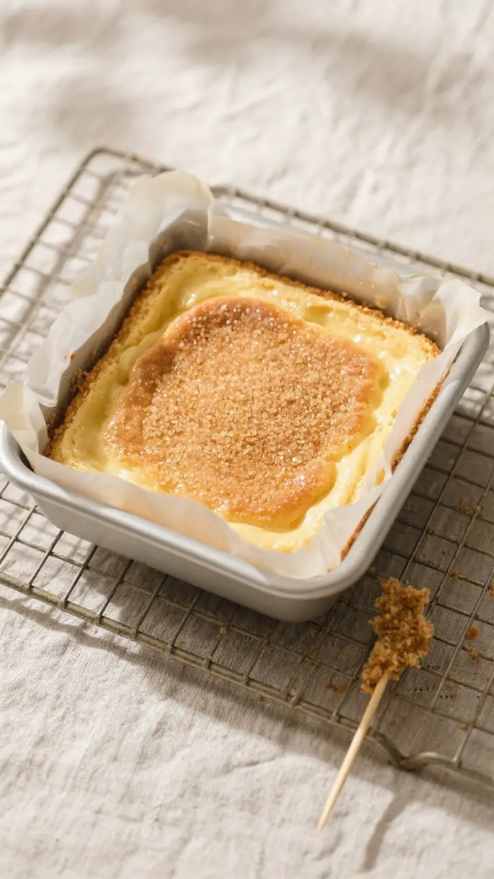 Cooking process: Overhead shot of the cake just out of the oven in a 9-inch square parchment-lined p