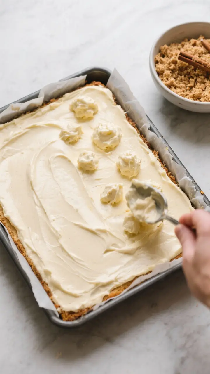 Cooking process: Overhead shot of the cake mid-assembly in a 9-inch parchment-lined square pan—hal