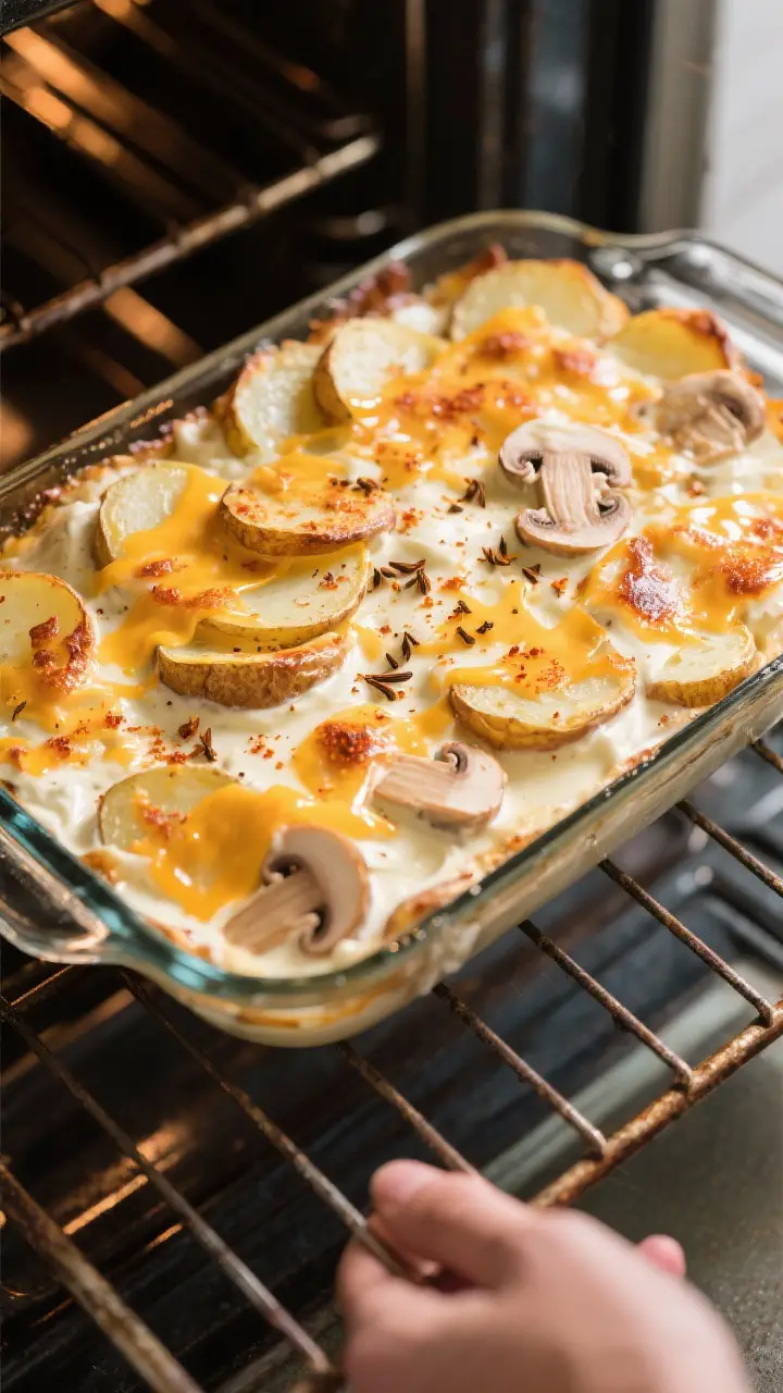 Cooking process: Overhead shot of the casserole mid-bake after uncovering, cheese beginning to blist