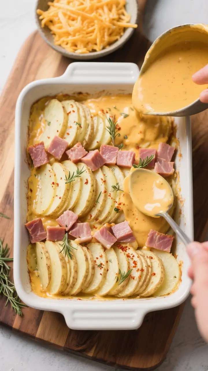 Cooking process: Overhead shot of the casserole mid-assembly in a 9x13 dish—second layer going on,