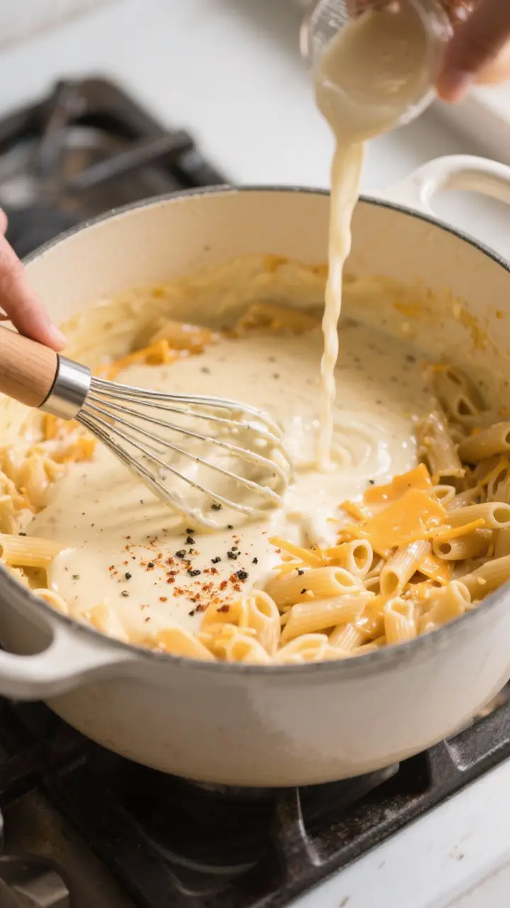Cooking process: Overhead shot of the cheese sauce being whisked in a large enamel pot—silky, slig