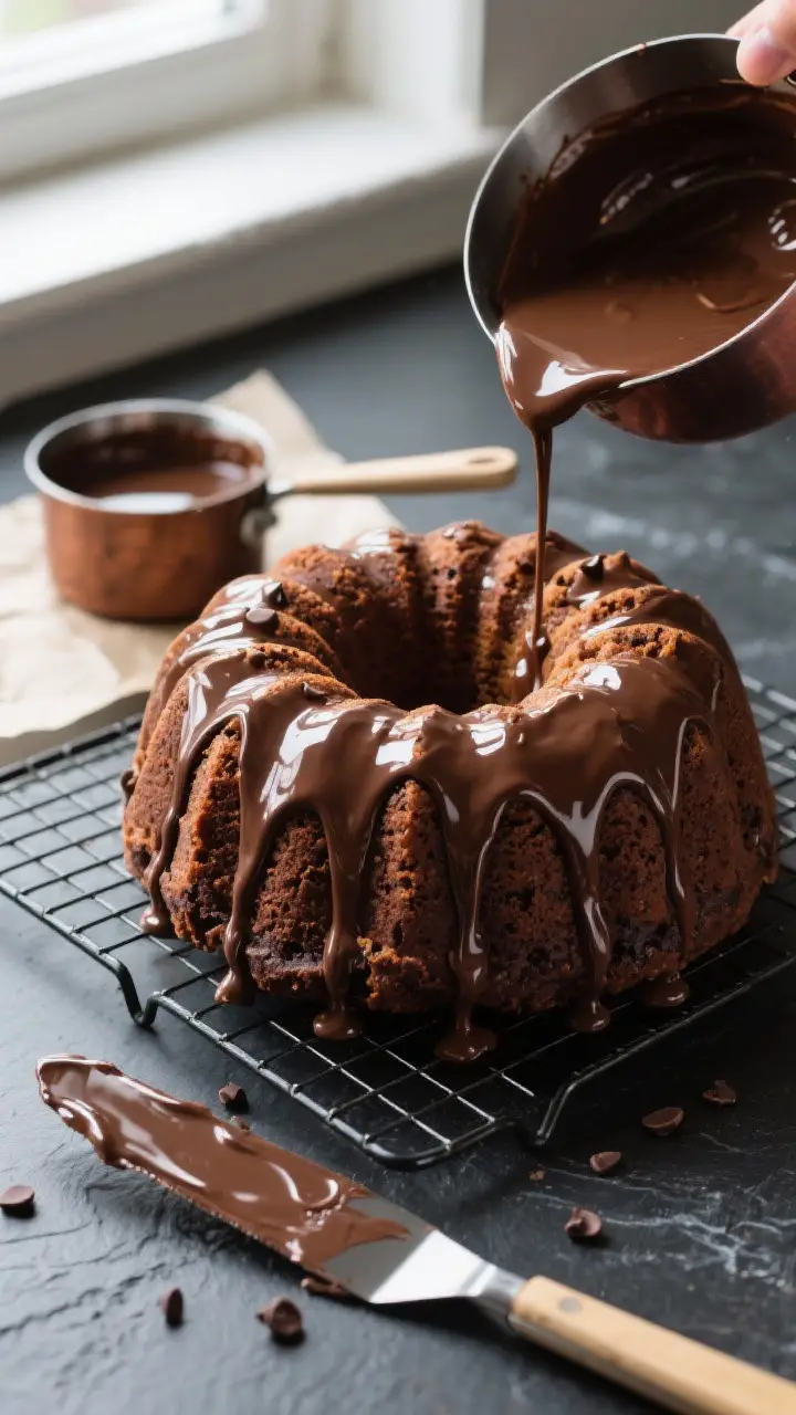 Cooking process: Overhead shot of the cooled Bundt-shaped chocolate chip cake on a wire rack as warm