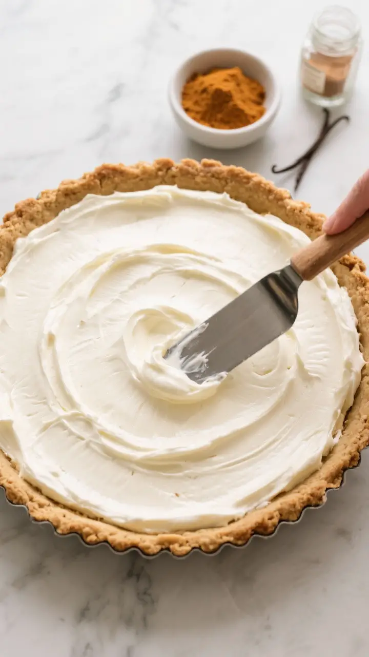 Cooking process: Overhead shot of the creamy layer being spread evenly over the cooled crust in the 