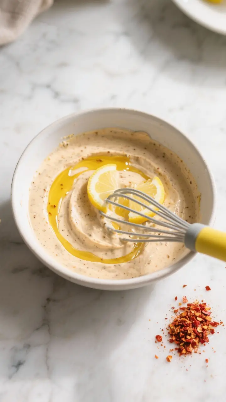 Cooking process: Overhead shot of the dip being finished in the bowl—spices fully incorporated wit