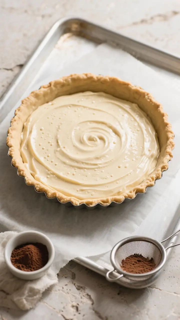 Cooking process: Overhead shot of the filled unbaked pie shell just before baking, batter smoothed a