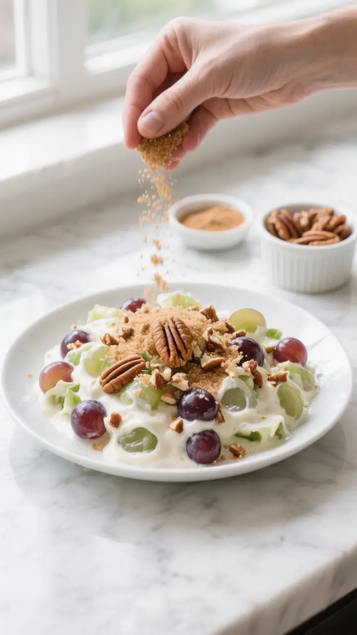 Cooking process: Overhead shot of the final topping step—an even shower of light brown sugar and c