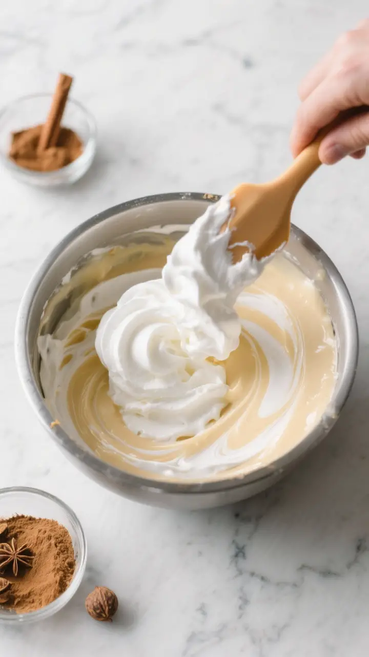 Cooking process: Overhead shot of the folding stage—pillowy whipped cream being gently folded into