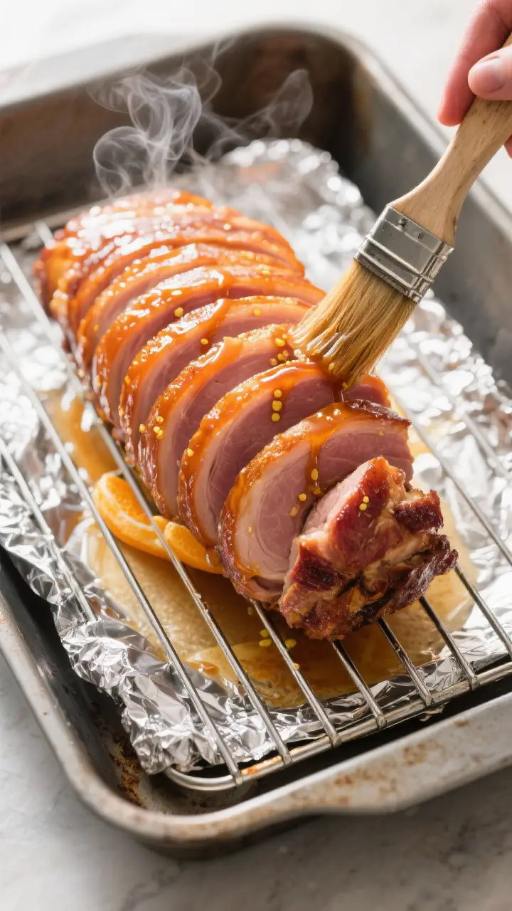 Cooking process: Overhead shot of the ham mid-baste on a baking rack in a roasting pan—foil pulled