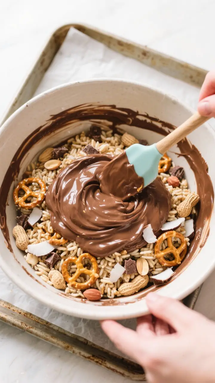 Cooking process: Overhead shot of the mixing bowl moment where the warm, silky melted chocolate-pean
