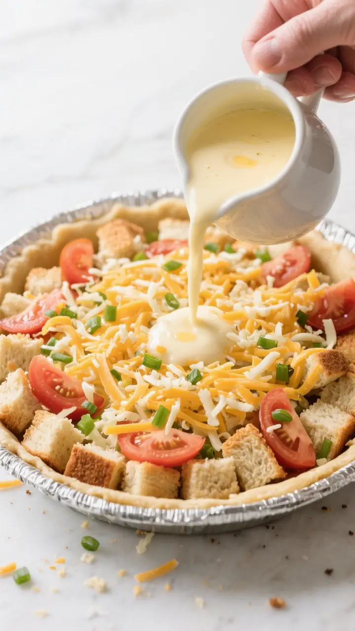 Cooking process: Overhead shot of the pie mid-assembly in a greased 9-inch pie dish—first layer of