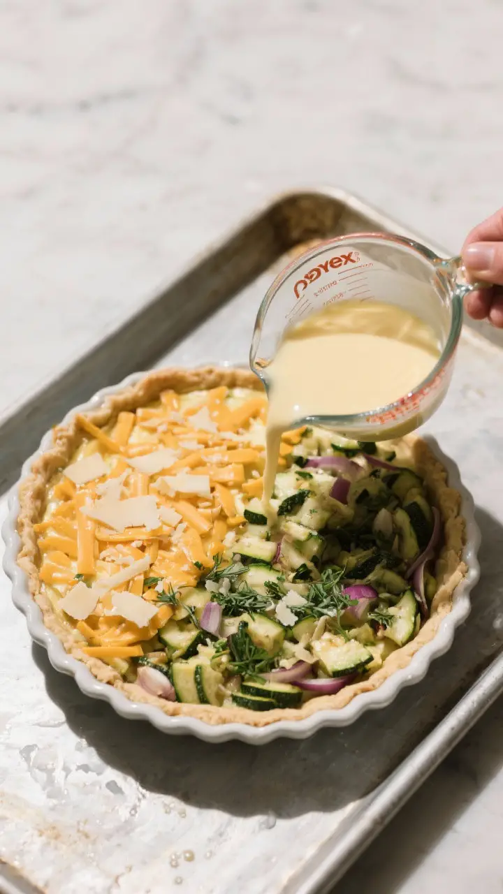 Cooking process: Overhead shot of the quiche just after “Layer the filling,” in a 9-inch pie dis