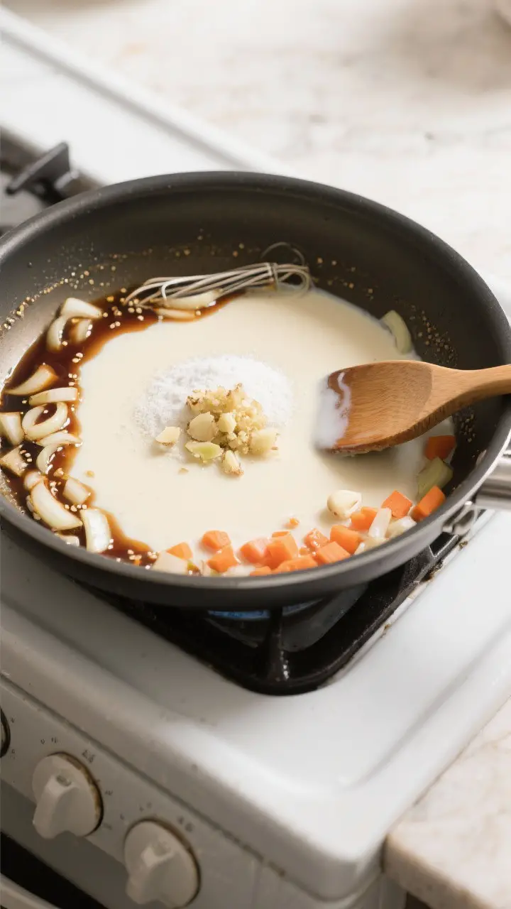 Cooking process: Overhead shot of the sauce-thickening stage in a wide skillet—silky milk-and-brot