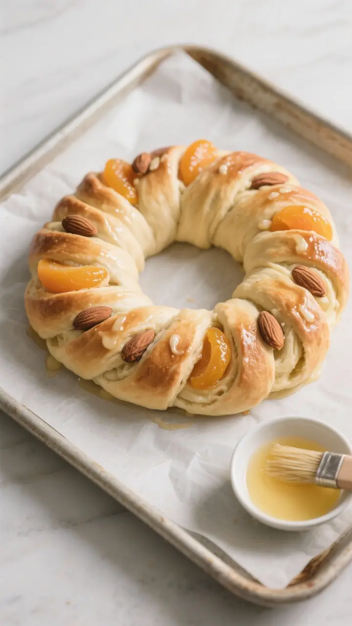 Cooking process: Overhead shot of the shaped crown before baking, fully assembled and puffed after t
