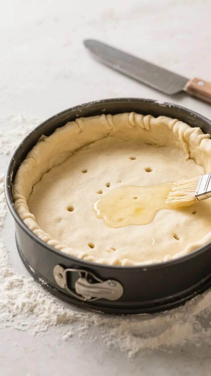 Cooking process: Overhead shot of the shaped kuchen before baking in a 9-inch springform pan—botto